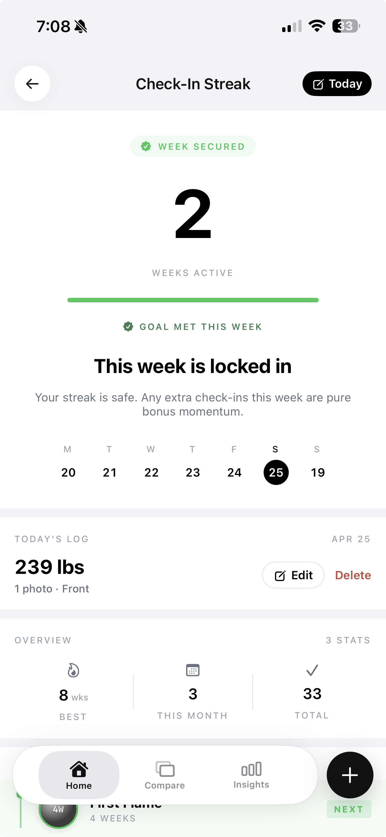 GainFrame check-in history screen