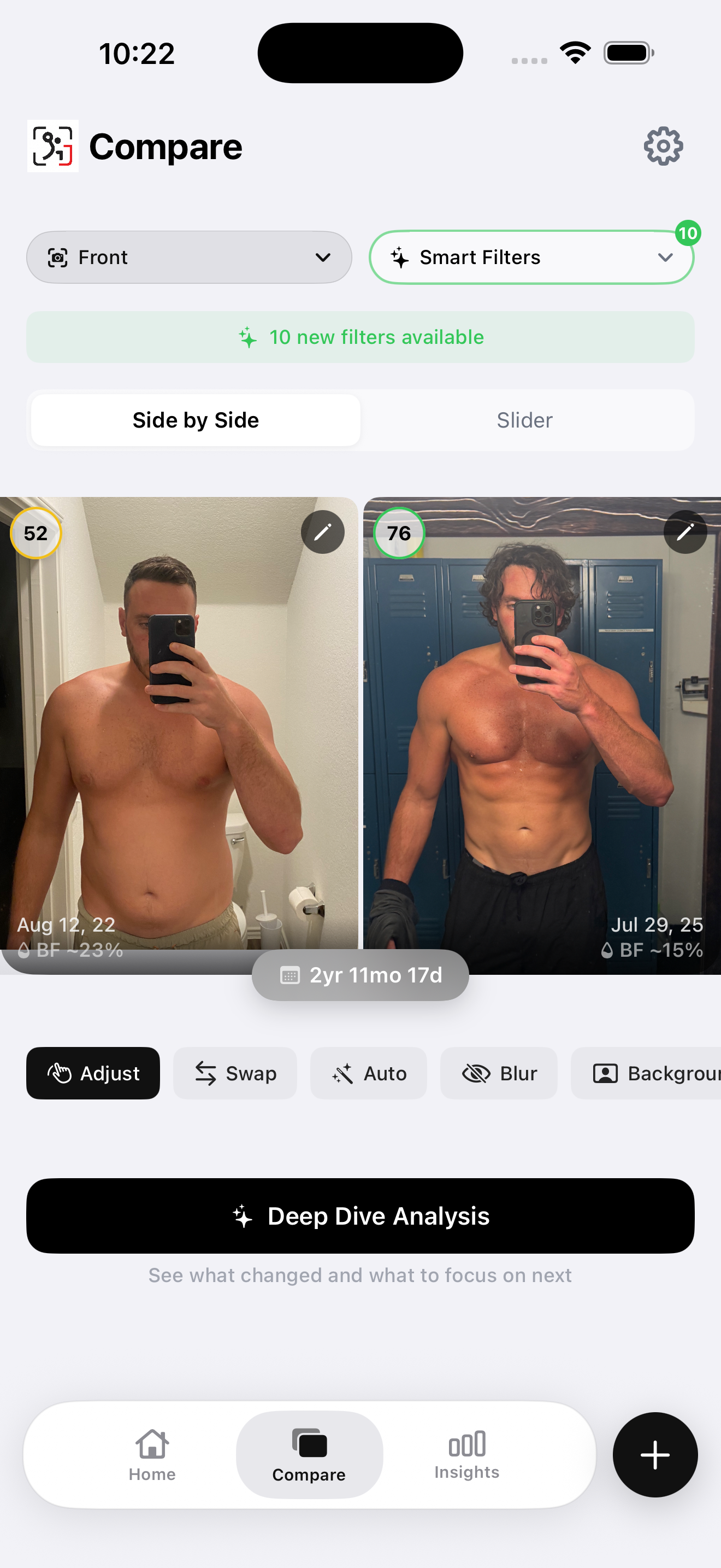 GainFrame comparison screen with before and after photos