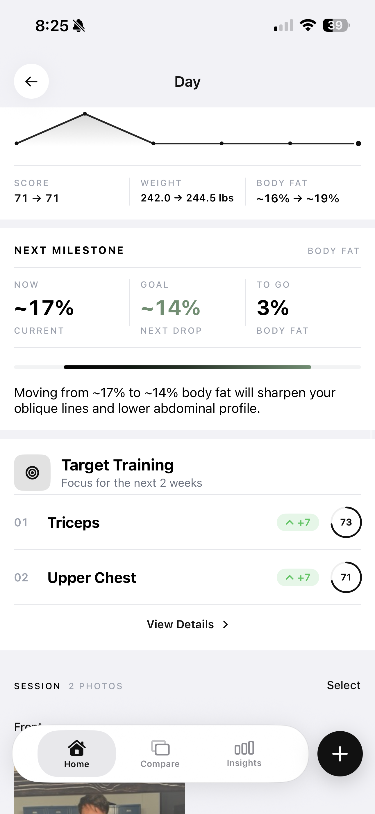 Next milestone screen with body fat goal