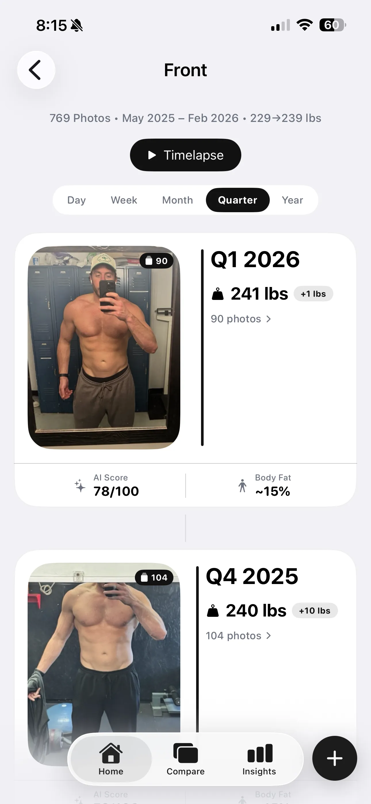 GainFrame transformation timeline organized by quarter with photos, weight, AI Score, and estimated body fat.
