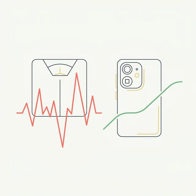 Minimalist vector illustration of a scale with jagged line versus a phone camera with smooth trend line