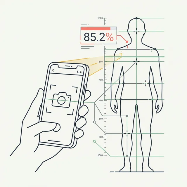 Minimalist vector illustration of a phone scanning a body silhouette with measurement points