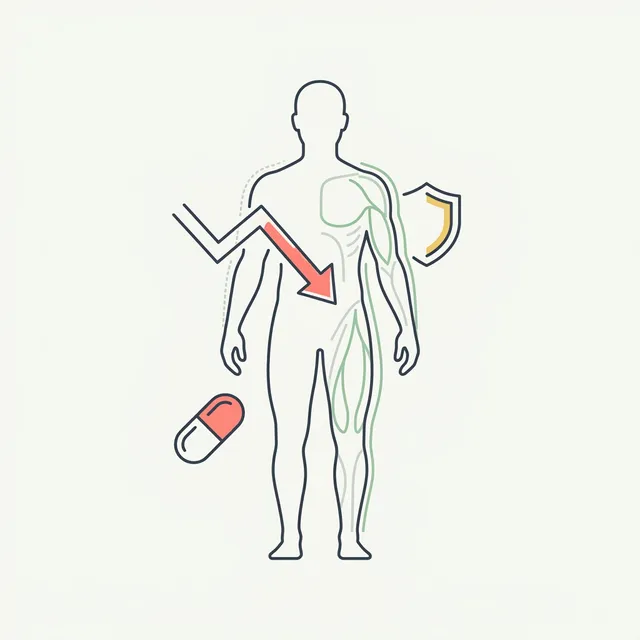 Abstract vector illustration of a body silhouette with a descending muscle trend line and a medication capsule