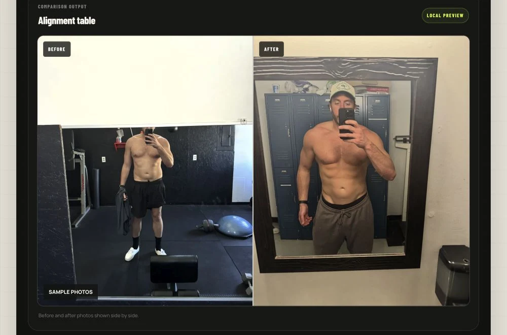 Sample progress photos displayed side by side in the comparison tool, with before and after labels.