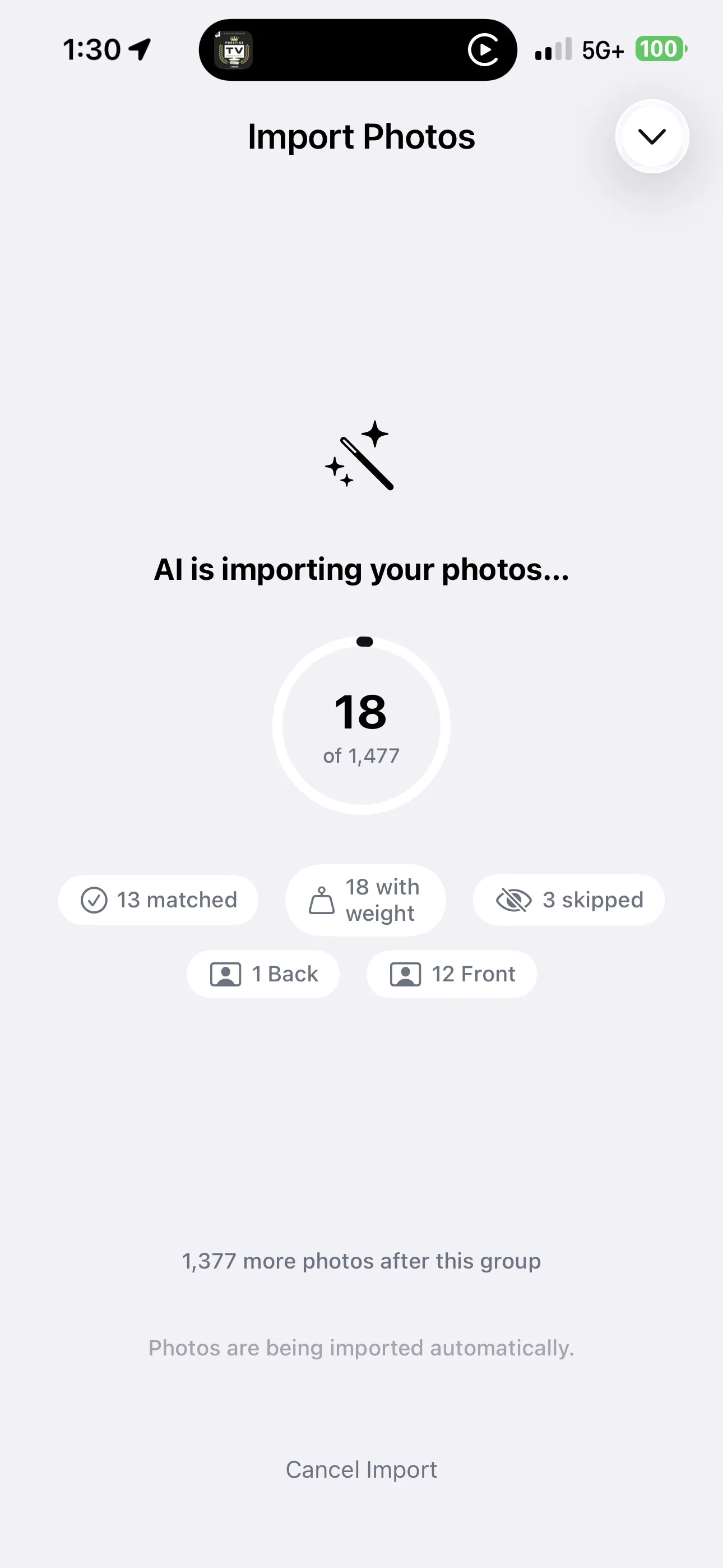 GainFrame Smart Import classifying camera roll photos by front and back poses while importing.