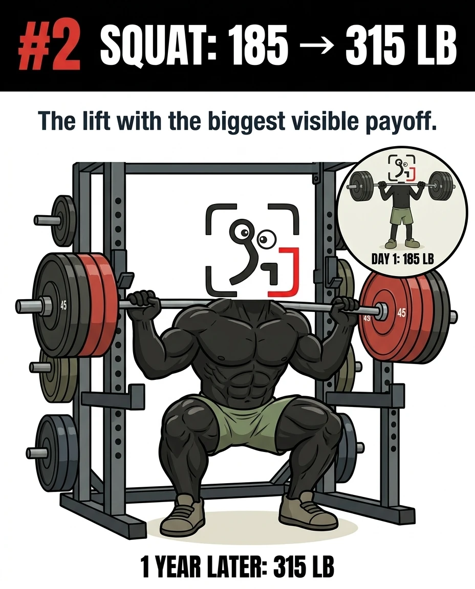 The muscular GainFrame mascot performs a heavy squat with a 315 lb barbell in a power rack, highlighting the significant lower-body development achieved compared to his 185 lb starting point.
