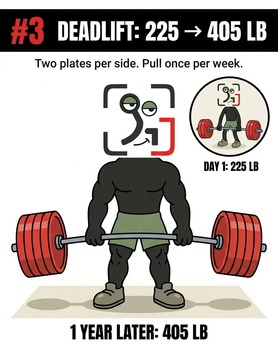 The muscular GainFrame mascot stands holding a heavily loaded 405 lb barbell, demonstrating massive strength gains from deadlifting once a week compared to his 225 lb start.