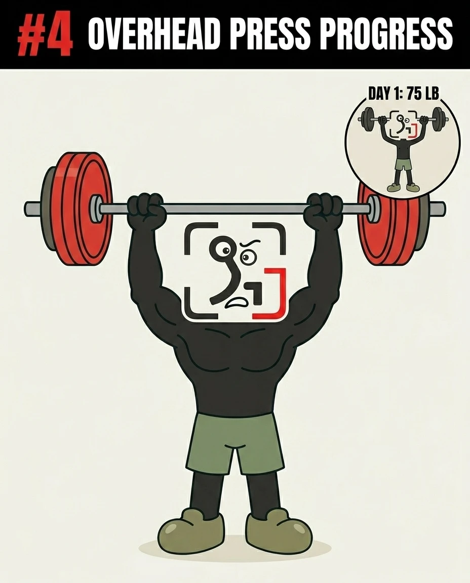The muscular GainFrame mascot presses a heavy barbell overhead with effort, showing significant shoulder development compared to his light 75 lb starting press.