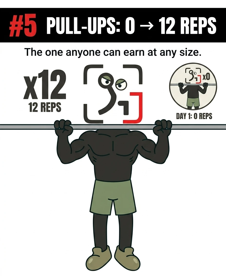 The muscular GainFrame mascot performs a pull-up with determination, showcasing his progress from zero pull-ups on Day 1 to completing 12 reps.