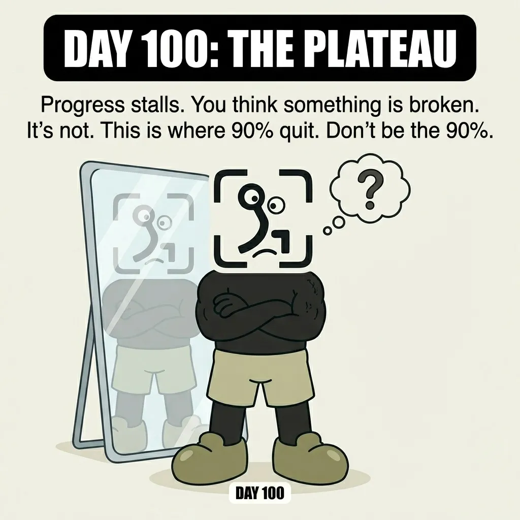 The GainFrame mascot looks confused and disappointed in front of a mirror on Day 100, representing the plateau phase where many people quit.