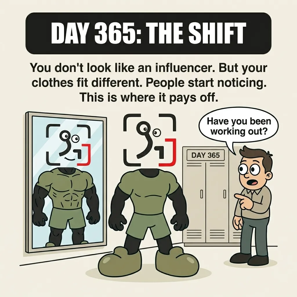 On Day 365, the GainFrame mascot stands in a locker room looking fit in a t-shirt while another person notices his progress and asks if he has been working out.
