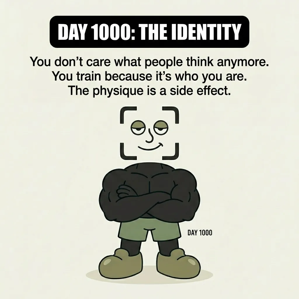 The highly muscular GainFrame mascot stands confidently with crossed arms on Day 1000, showing that fitness has become a core part of his identity.
