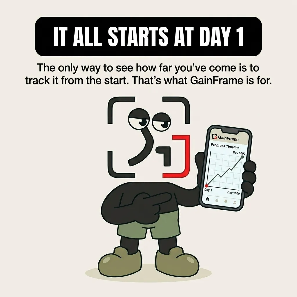 The GainFrame mascot points to a smartphone screen showing a rising progress chart from Day 1 to Day 1000, encouraging users to track their fitness journey.