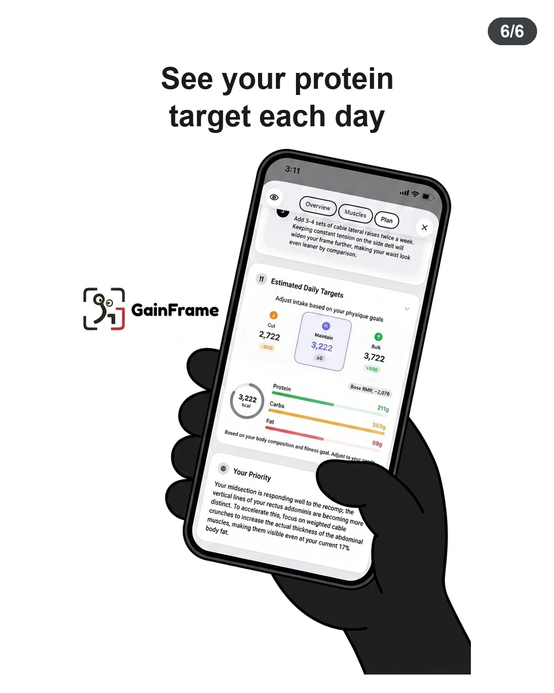 A hand holds a phone displaying the GainFrame app interface with daily macronutrient targets and physique feedback.