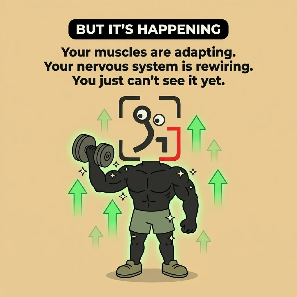 The GainFrame mascot lifts a dumbbell with a muscular arm surrounded by glowing green upward arrows, showing that internal physiological adaptations are happening even if they aren't visible yet.