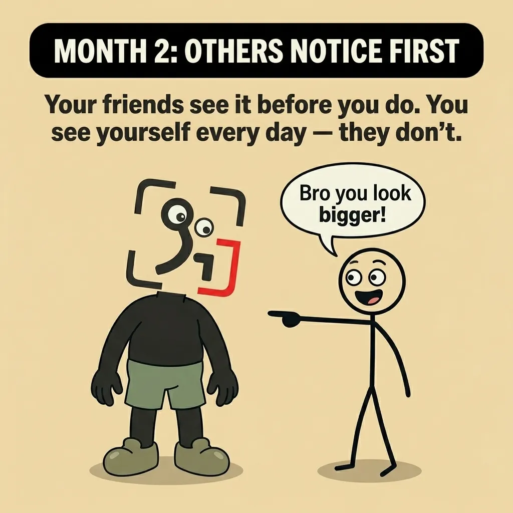 A stick figure friend points at the GainFrame mascot and says 'Bro you look bigger!', highlighting that external observers notice physical changes before we do.