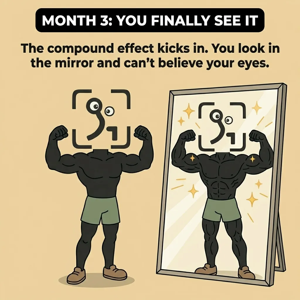 The GainFrame mascot flexes both arms in front of a mirror, which reflects a highly muscular, glowing physique, illustrating the rewarding moment when hard work finally becomes visible.