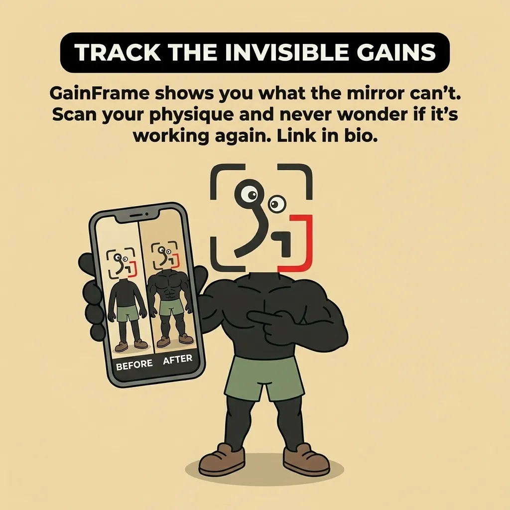The muscular GainFrame mascot holds up a smartphone displaying a 'before' and 'after' comparison scan, promoting the app's ability to track progress that the mirror misses.