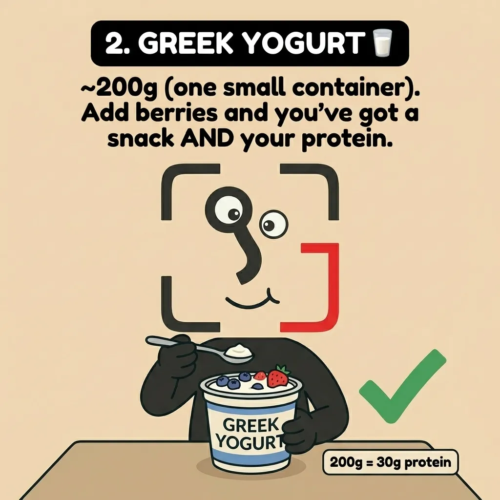 The GainFrame mascot eats Greek yogurt from a 200g container, which provides 30g of protein.