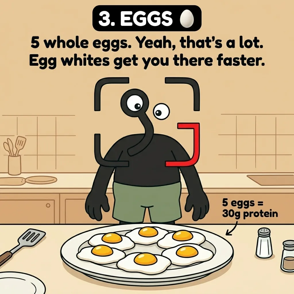 The GainFrame mascot stands behind a plate of five fried eggs, showing the quantity needed for 30g of protein.