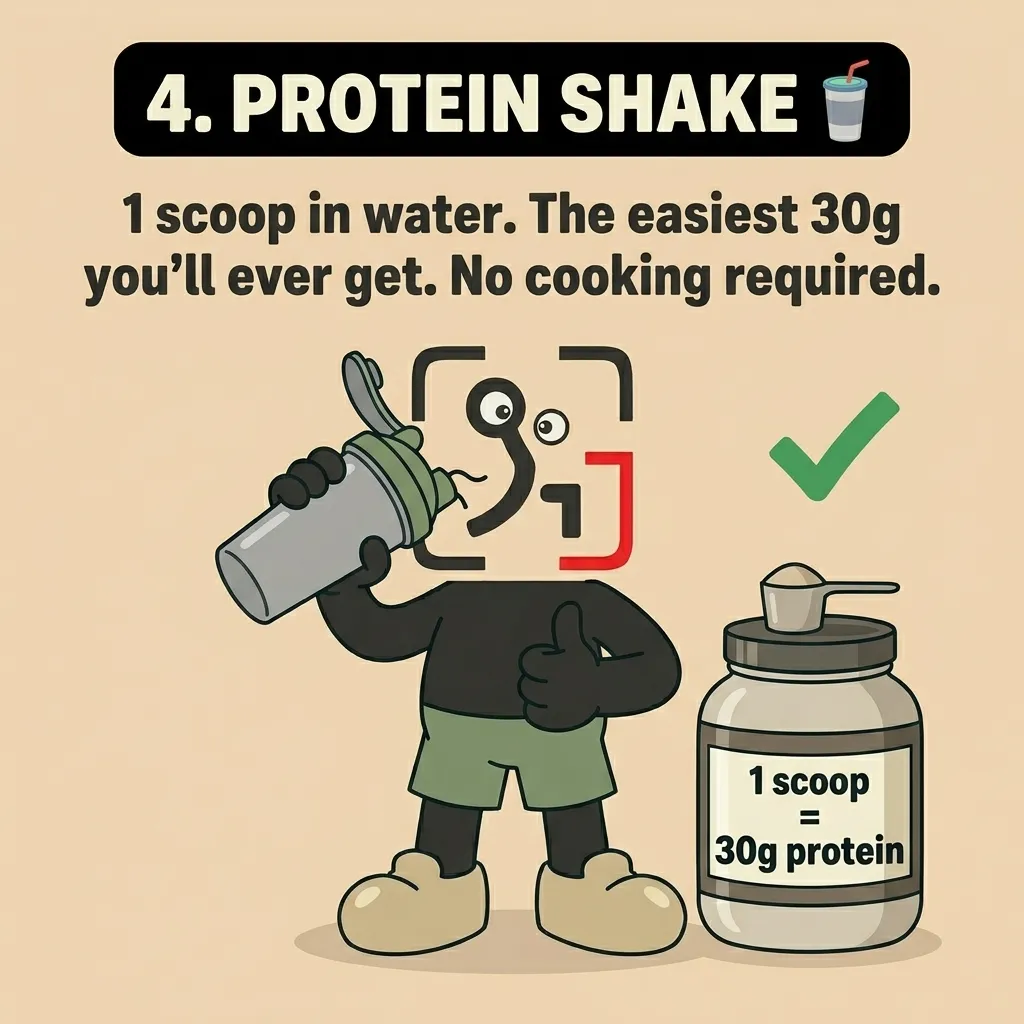 The GainFrame mascot drinks from a shaker cup next to a protein powder tub, highlighting it as the easiest way to get 30g of protein.