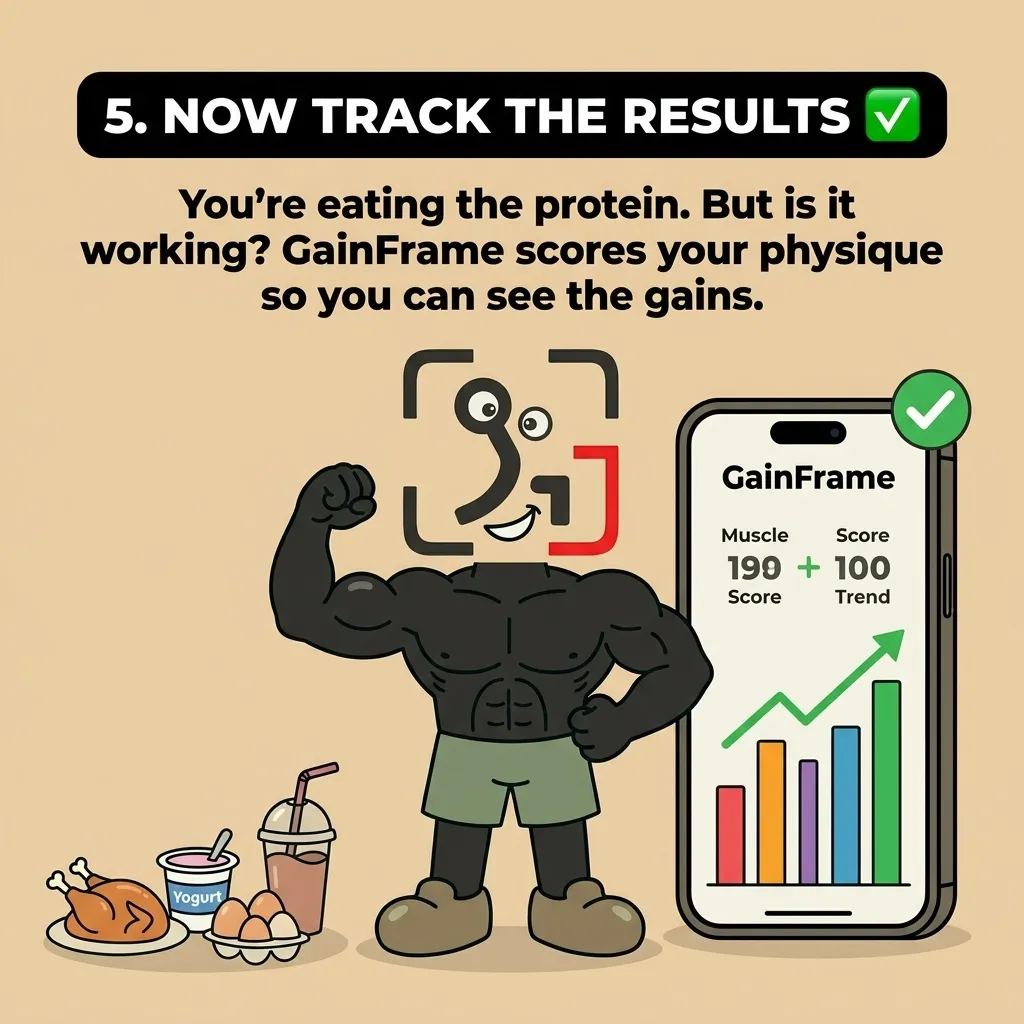 A muscular GainFrame mascot poses next to a smartphone displaying a rising progress chart to track muscle gains.