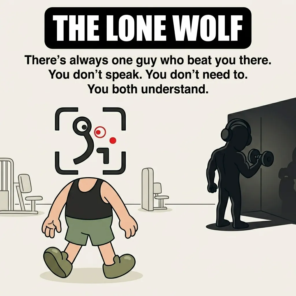 The GainFrame mascot walks into the gym and spots another silent gym-goer lifting weights, illustrating the quiet mutual respect shared between early risers.