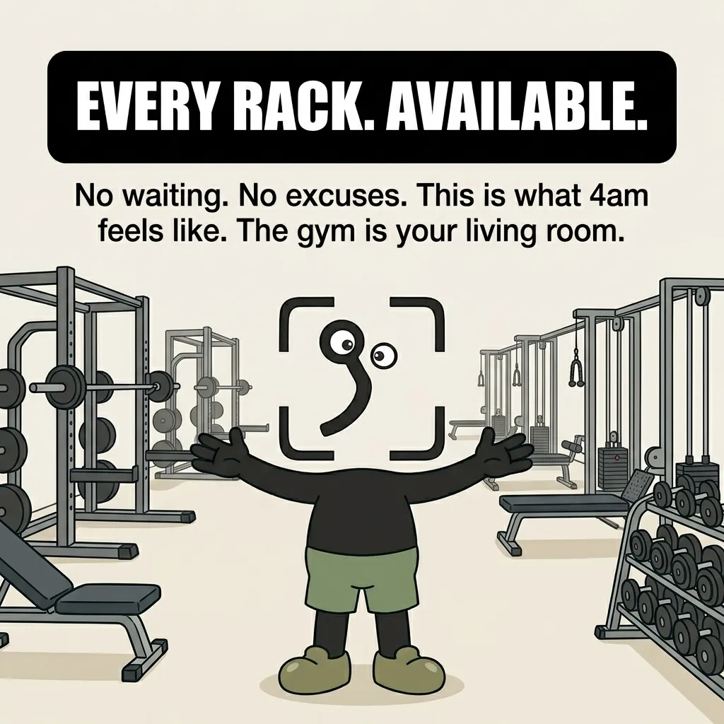 The GainFrame mascot stands with arms wide open in a completely empty gym, emphasizing that working out at 4:00 AM means instant access to all equipment.