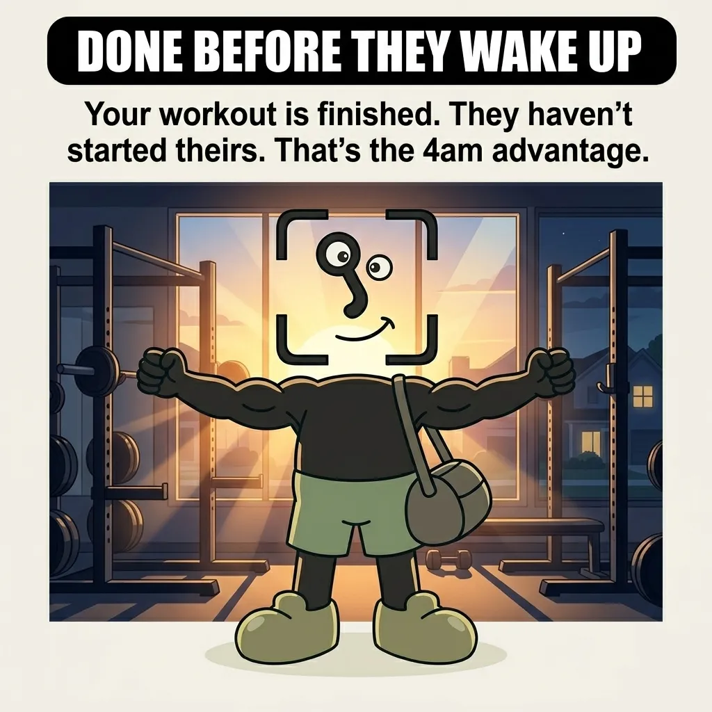The GainFrame mascot stands triumphantly with flexed arms as the sun rises, showing the mental advantage of completing a workout before the day begins.