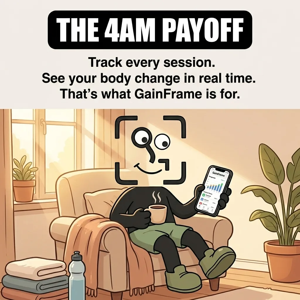 The GainFrame mascot relaxes in an armchair at home with coffee while tracking his workout progress on his phone, showing how tracking consistency leads to visible results.