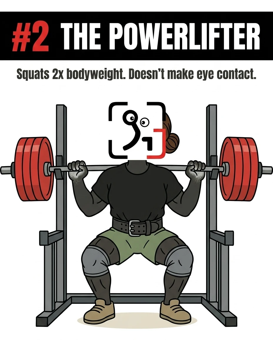 The GainFrame mascot is shown as "The Powerlifter," squatting a heavily loaded barbell while wearing a lifting belt and knee sleeves, representing intense focus and strength.