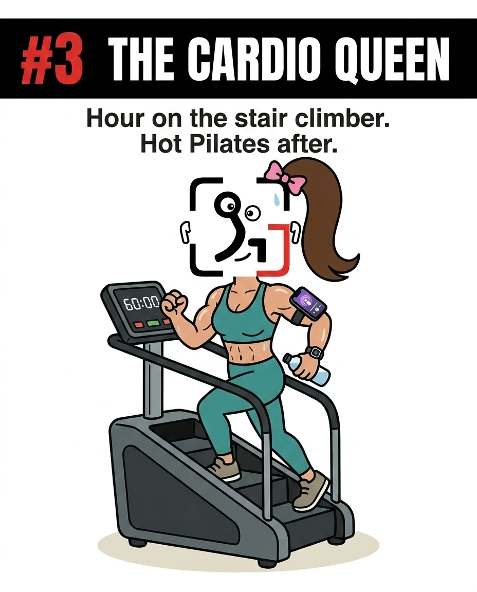 The GainFrame mascot is depicted as "The Cardio Queen," sweating on a stair climber machine with a timer set to 60 minutes, illustrating high-endurance cardiovascular training.
