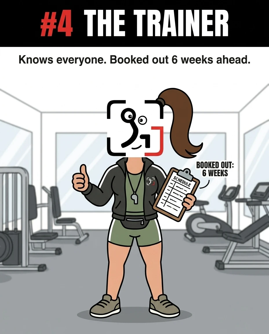 The GainFrame mascot appears as "The Trainer," holding a fully booked schedule clipboard and giving a thumbs-up in a gym, representing popular and highly sought-after fitness coaches.