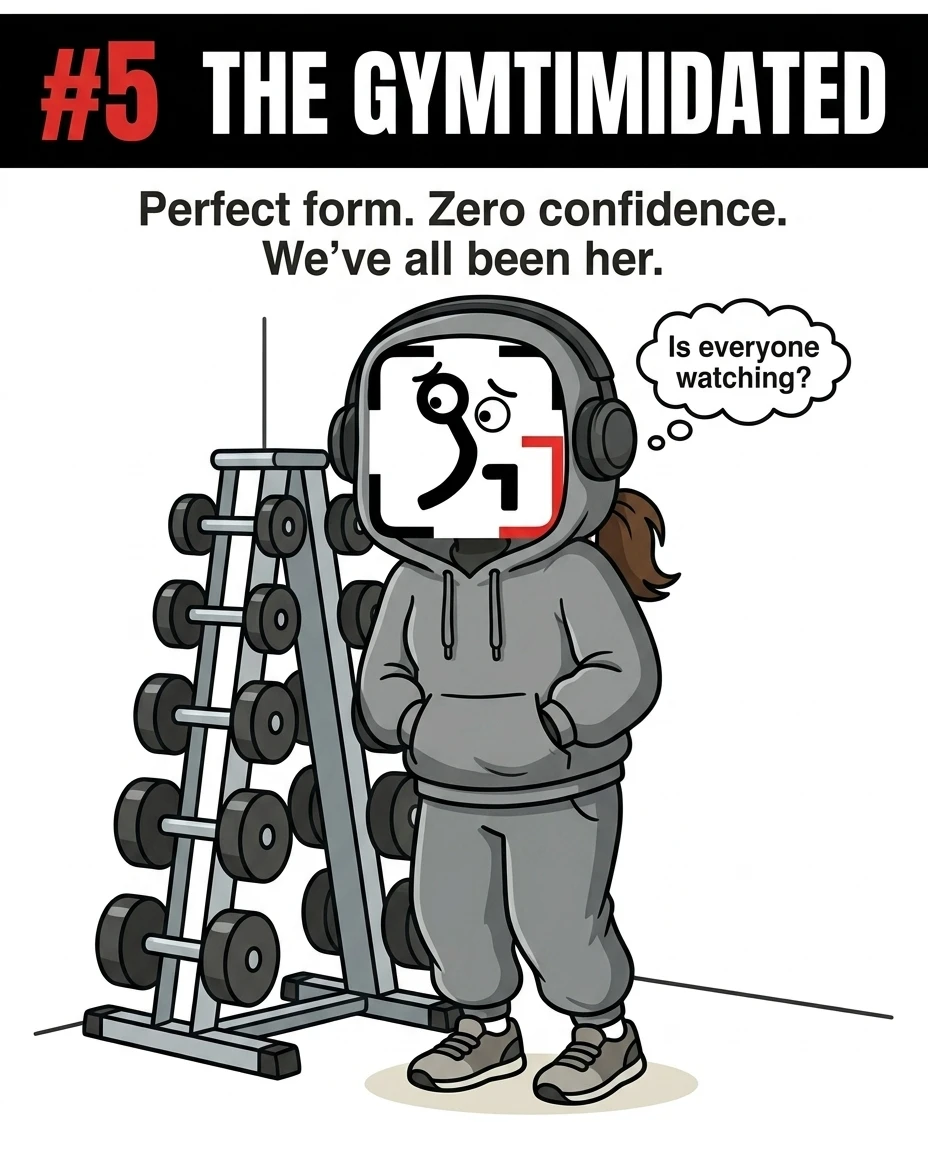 The GainFrame mascot is shown as "The Gymtimidated," wearing a baggy grey tracksuit and headphones while standing anxiously by a dumbbell rack, capturing the common feeling of self-consciousness in the gym.