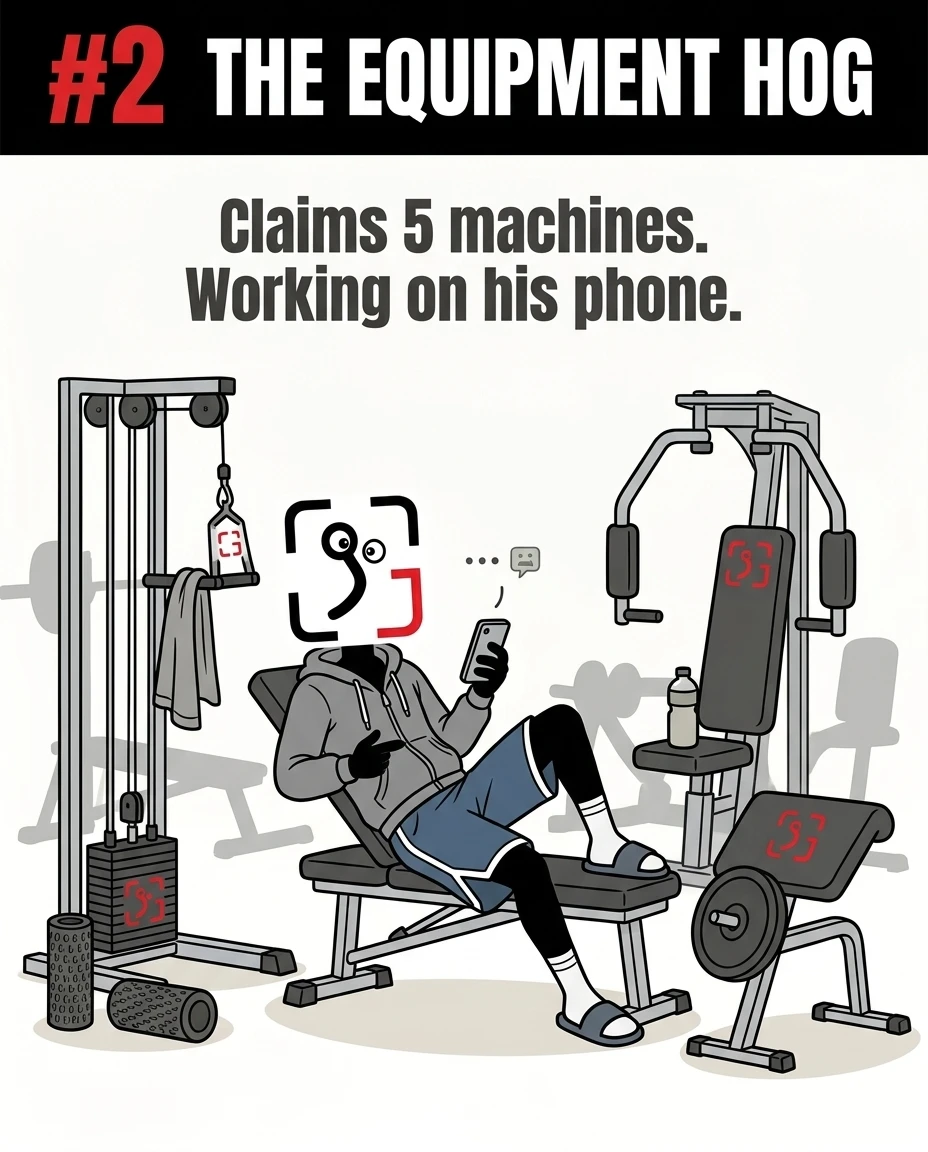The GainFrame mascot sits on a gym bench looking at his phone while surrounding machines are marked as claimed, illustrating 'The Equipment Hog' who occupies multiple stations without using them.