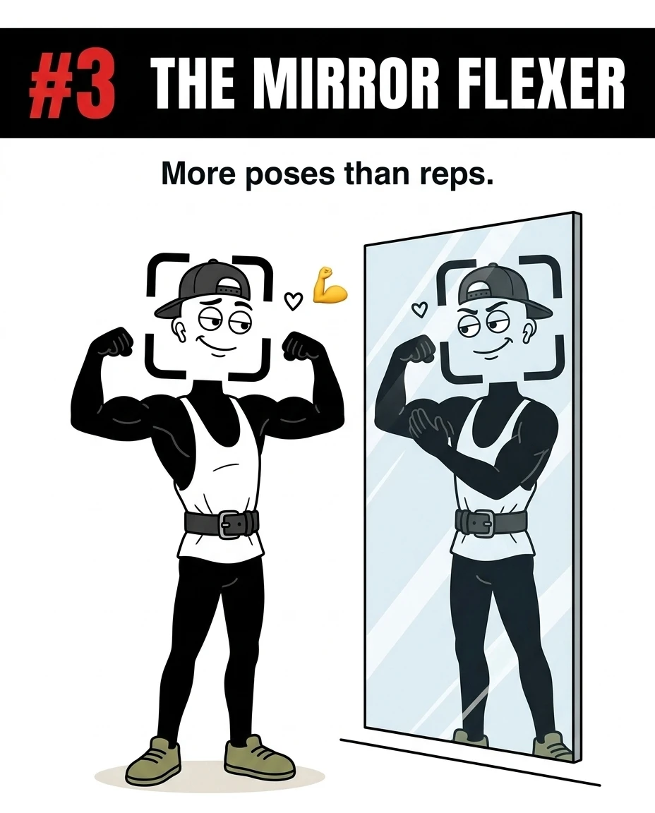 The GainFrame mascot admires his muscles and poses in front of a full-length gym mirror, illustrating 'The Mirror Flexer' who spends more time looking at himself than working out.