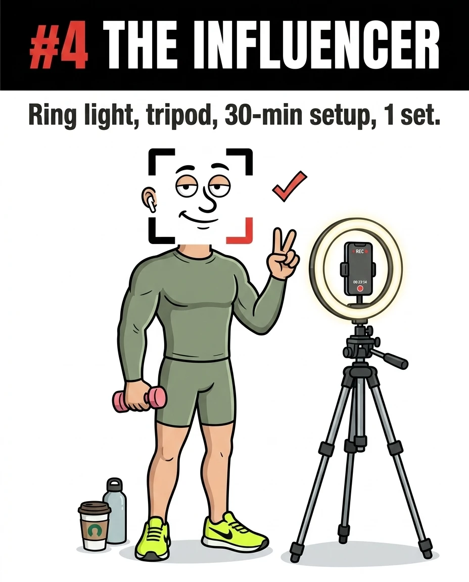 The GainFrame mascot poses with a peace sign next to a ring light and tripod setup, illustrating 'The Influencer' who prioritizes recording content over actual training.