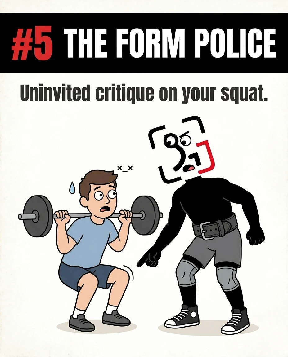 The GainFrame mascot points and gives unsolicited advice to a nervous gym-goer performing a squat, illustrating 'The Form Police' who interrupt others to critique their technique.