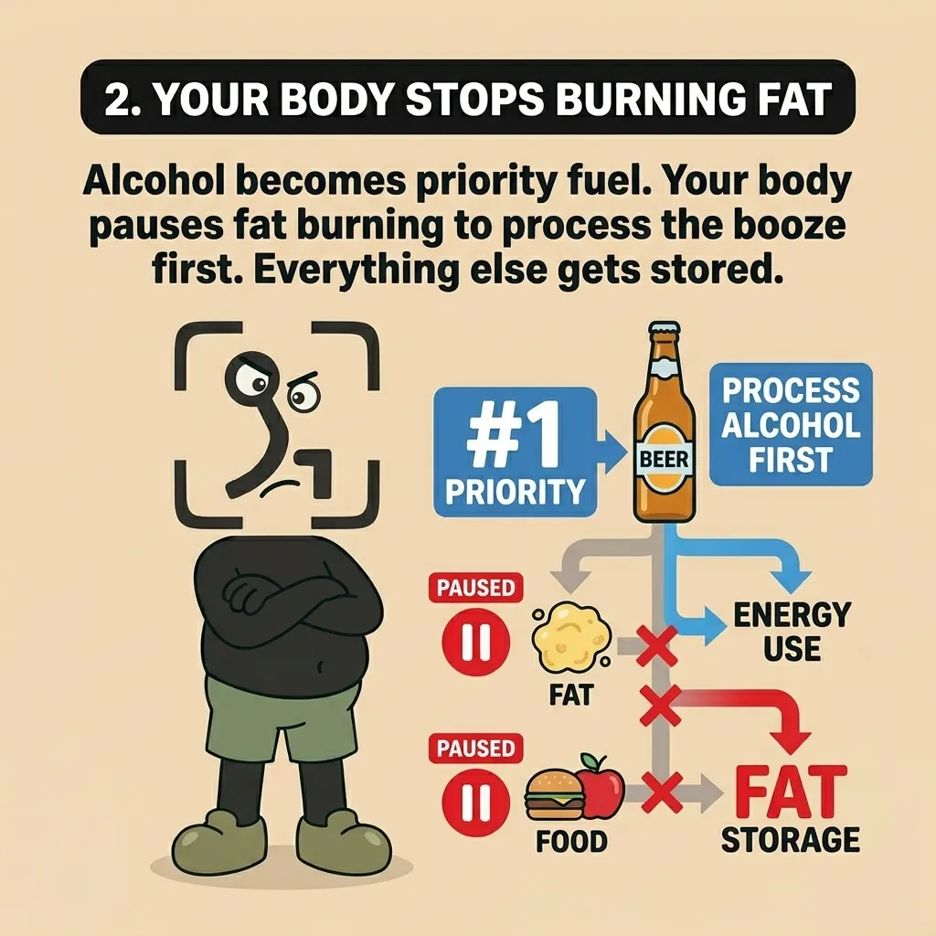 The GainFrame mascot stands with arms crossed next to a flowchart showing how the body prioritizes processing alcohol over burning fat and food, which leads to fat storage.