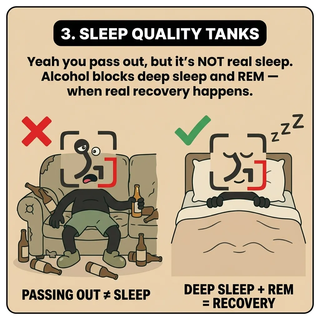 The GainFrame mascot is shown slumped on a couch surrounded by empty beer bottles under a red cross, contrasted with a peaceful sleep in a bed under a green checkmark, demonstrating that alcohol blocks deep sleep and REM recovery.