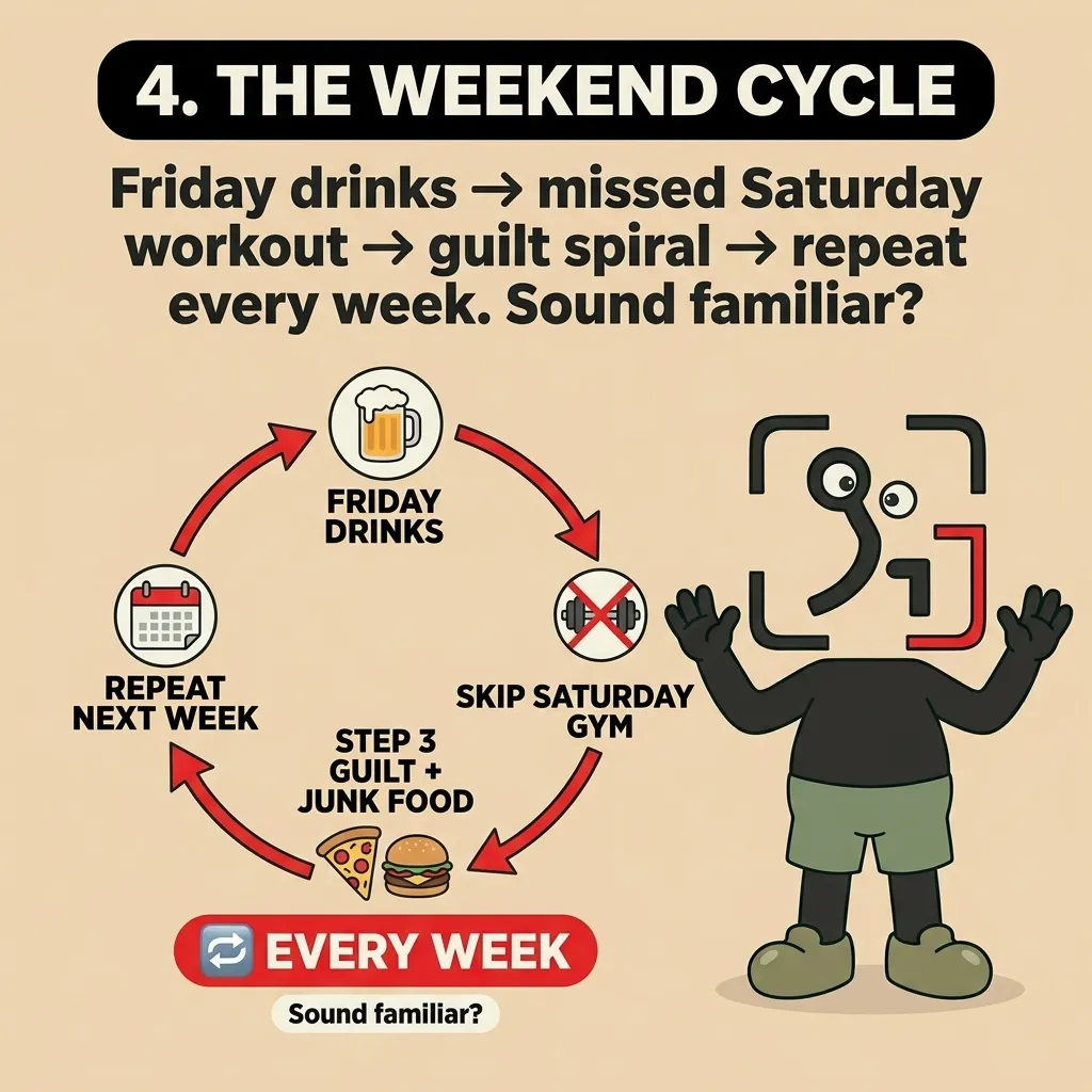 The GainFrame mascot shrugs next to a circular diagram illustrating a destructive weekly cycle of Friday drinks, skipping the Saturday gym session, eating junk food out of guilt, and repeating the cycle.