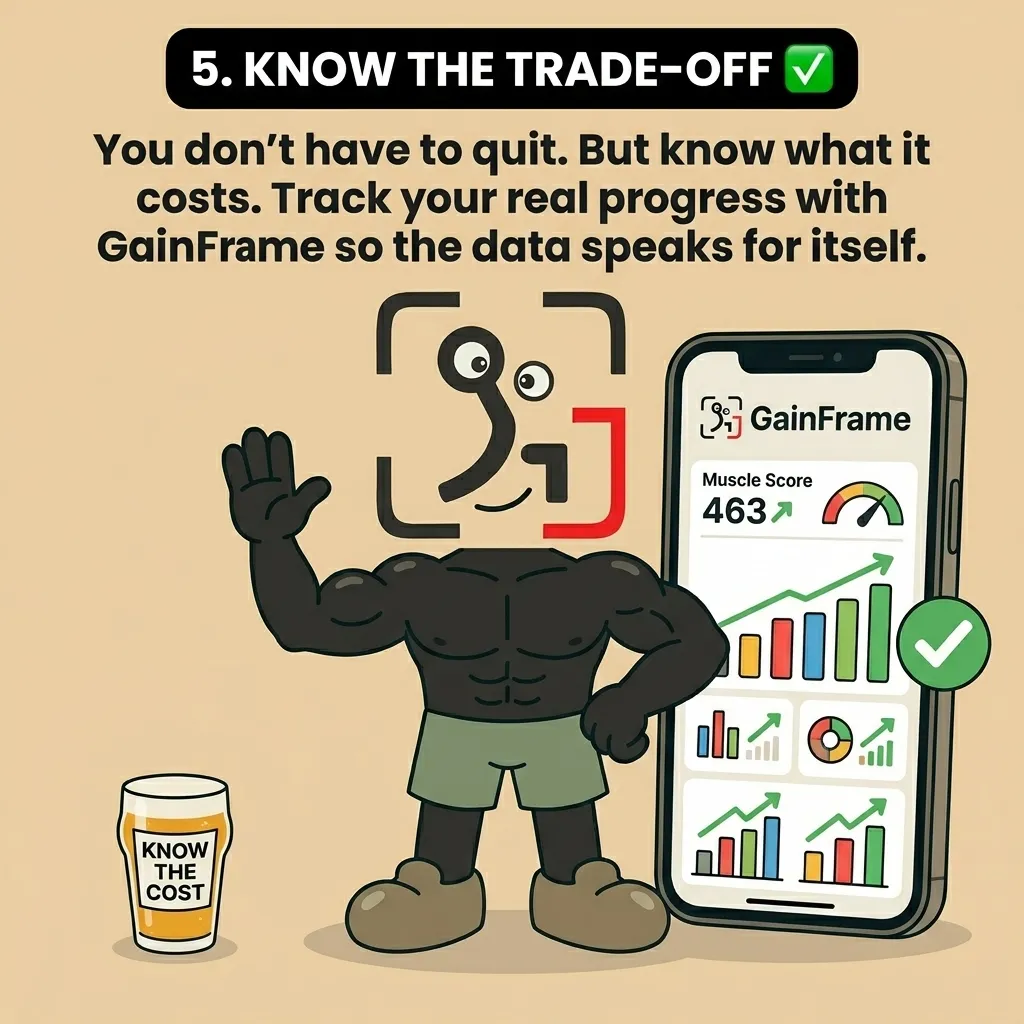 A fit GainFrame mascot waves next to a smartphone displaying the GainFrame app with positive progress charts, encouraging users to track their data to understand the true cost of drinking.