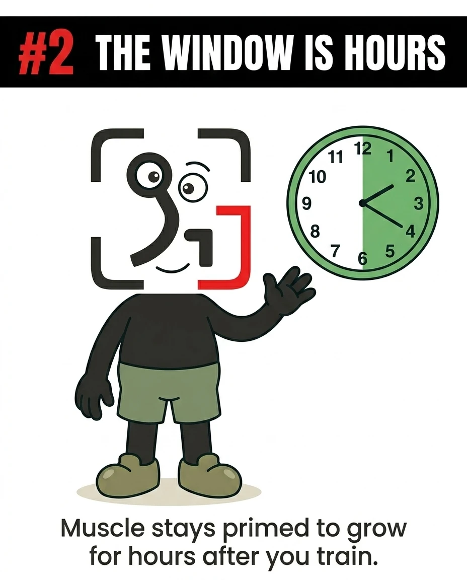 The GainFrame mascot smiles and points to a clock highlighting a multi-hour window, emphasizing that muscles remain primed for growth long after training.