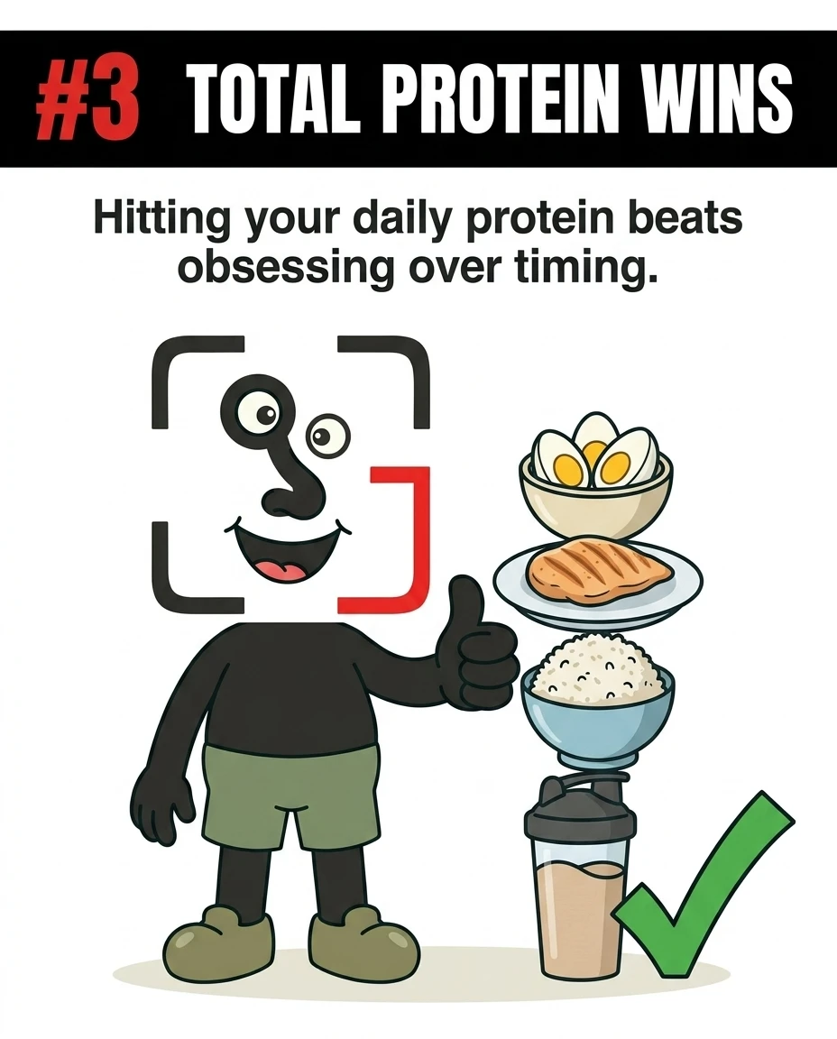 The GainFrame mascot gives a thumbs-up next to a stack of protein-rich foods and a green checkmark, illustrating that meeting daily total protein intake is more important than timing.