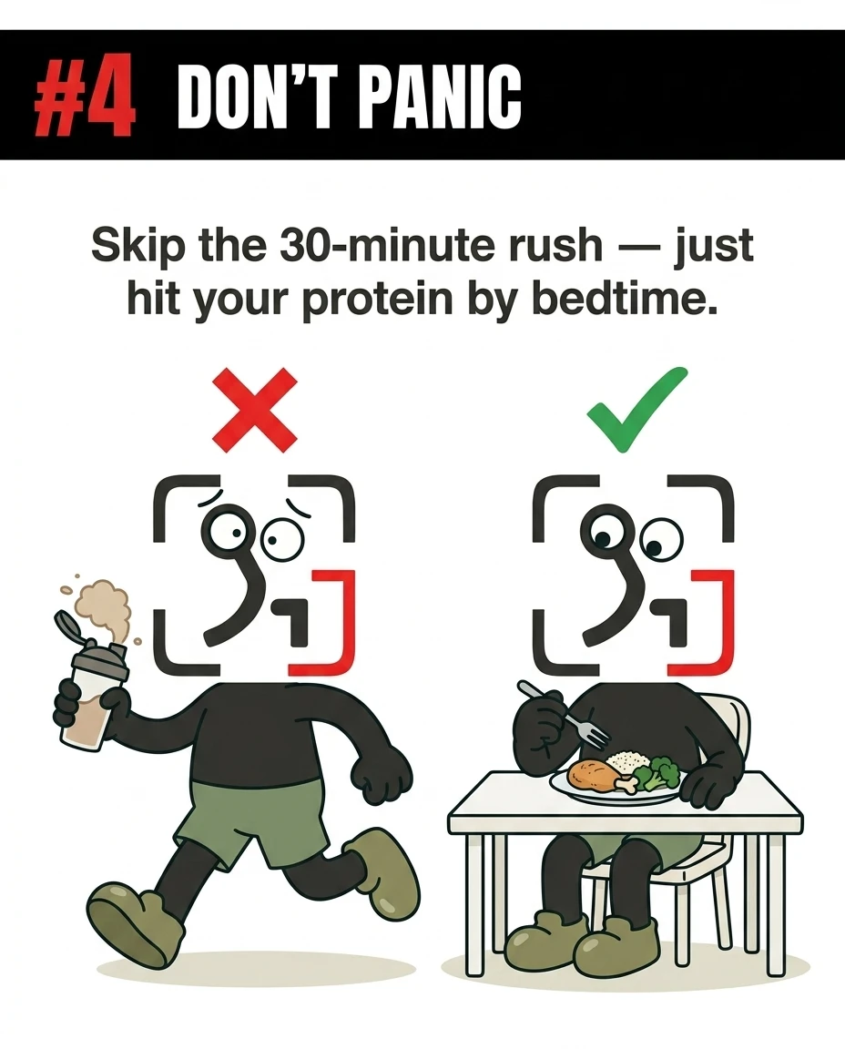 The GainFrame mascot is shown in two scenarios, contrasting a frantic run with a protein shake under a red cross against calmly eating a meal at a table under a green checkmark to show that hitting protein targets by bedtime is what matters.