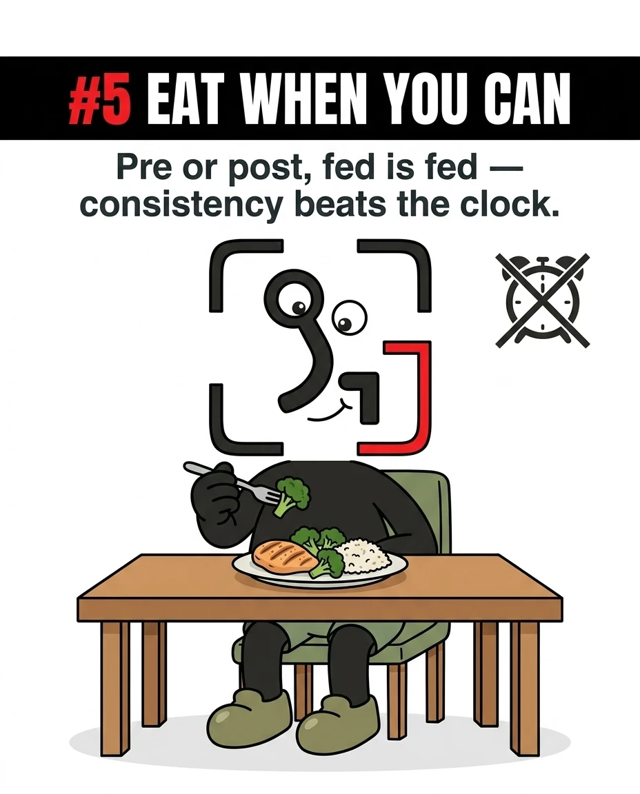 The GainFrame mascot calmly eats a meal of chicken, rice, and broccoli at a table next to a crossed-out clock, highlighting that consistent eating beats strict timing.