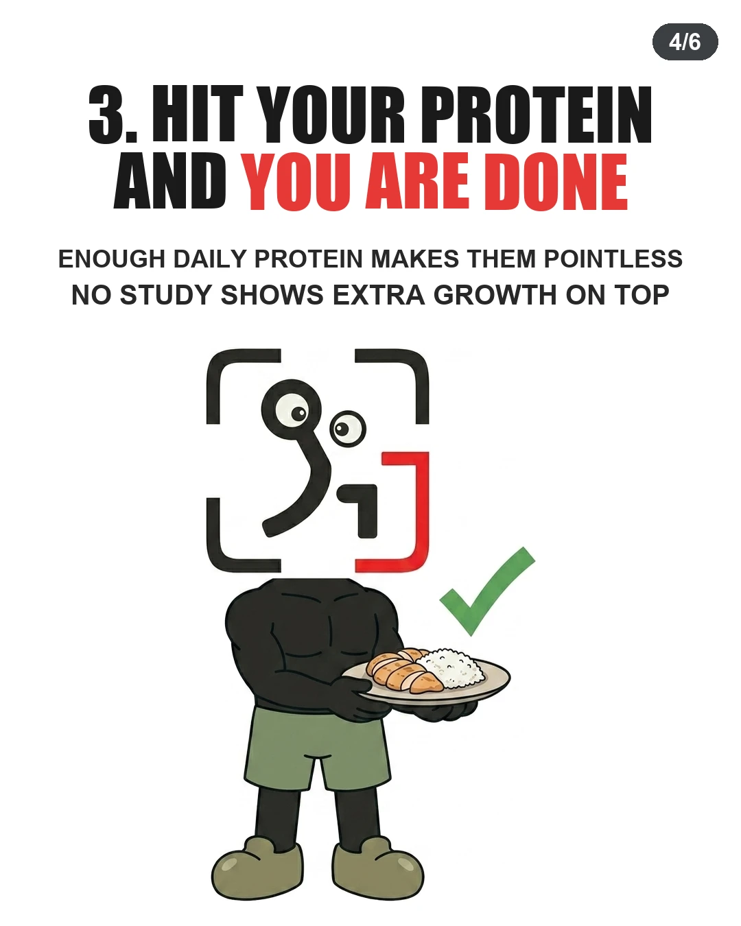 The GainFrame mascot holds a meal of chicken and rice with a checkmark, emphasizing daily protein intake makes BCAAs useless.