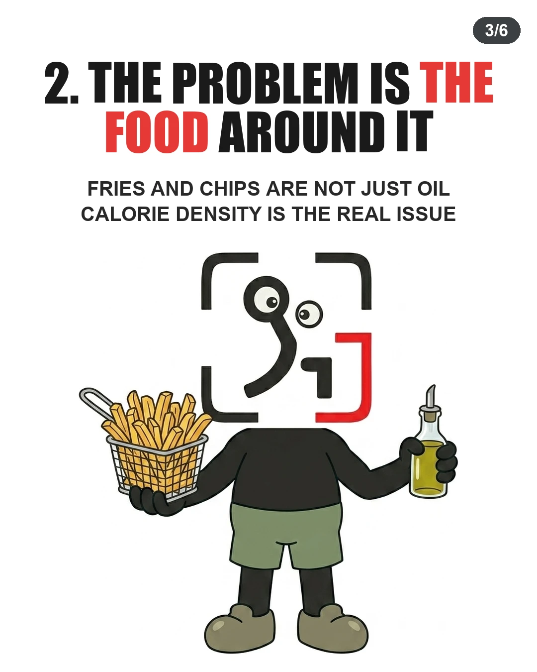 The GainFrame mascot holds a basket of french fries and a bottle of oil, showing that calorie density in junk food is the real dietary issue.