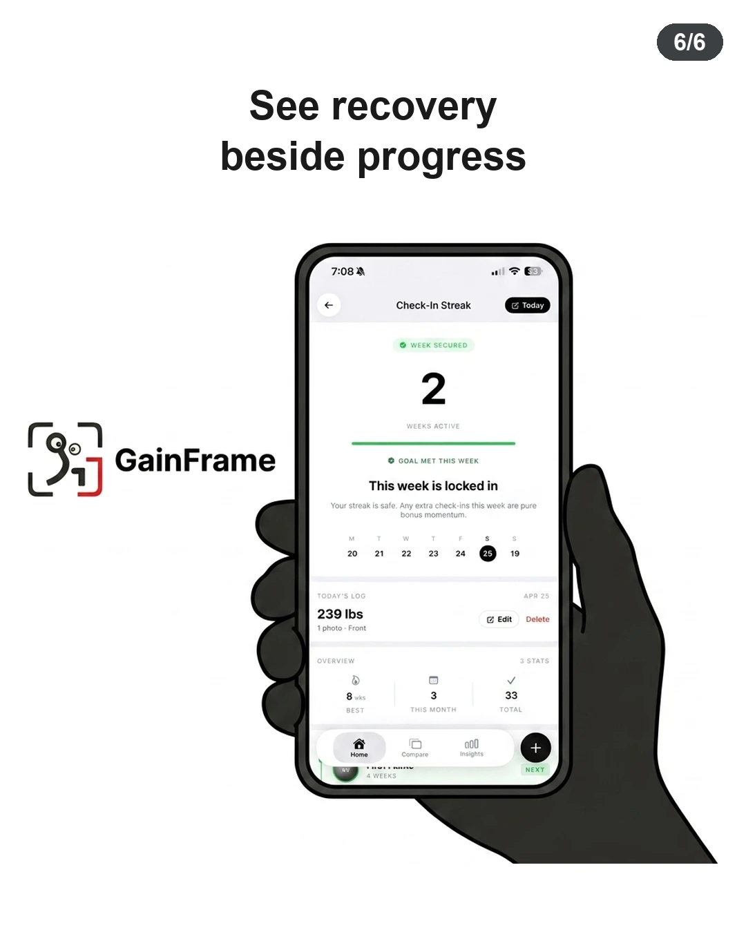 A hand holds a smartphone displaying the GainFrame app check-in streak and progress tracking screen.