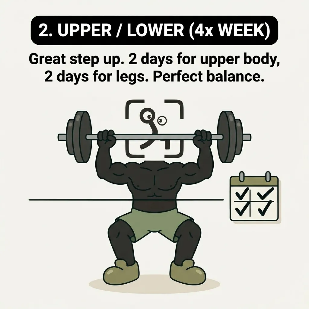 The GainFrame mascot performs an overhead press with a barbell next to a calendar with four checkmarks, representing the balanced four-day upper/lower split.